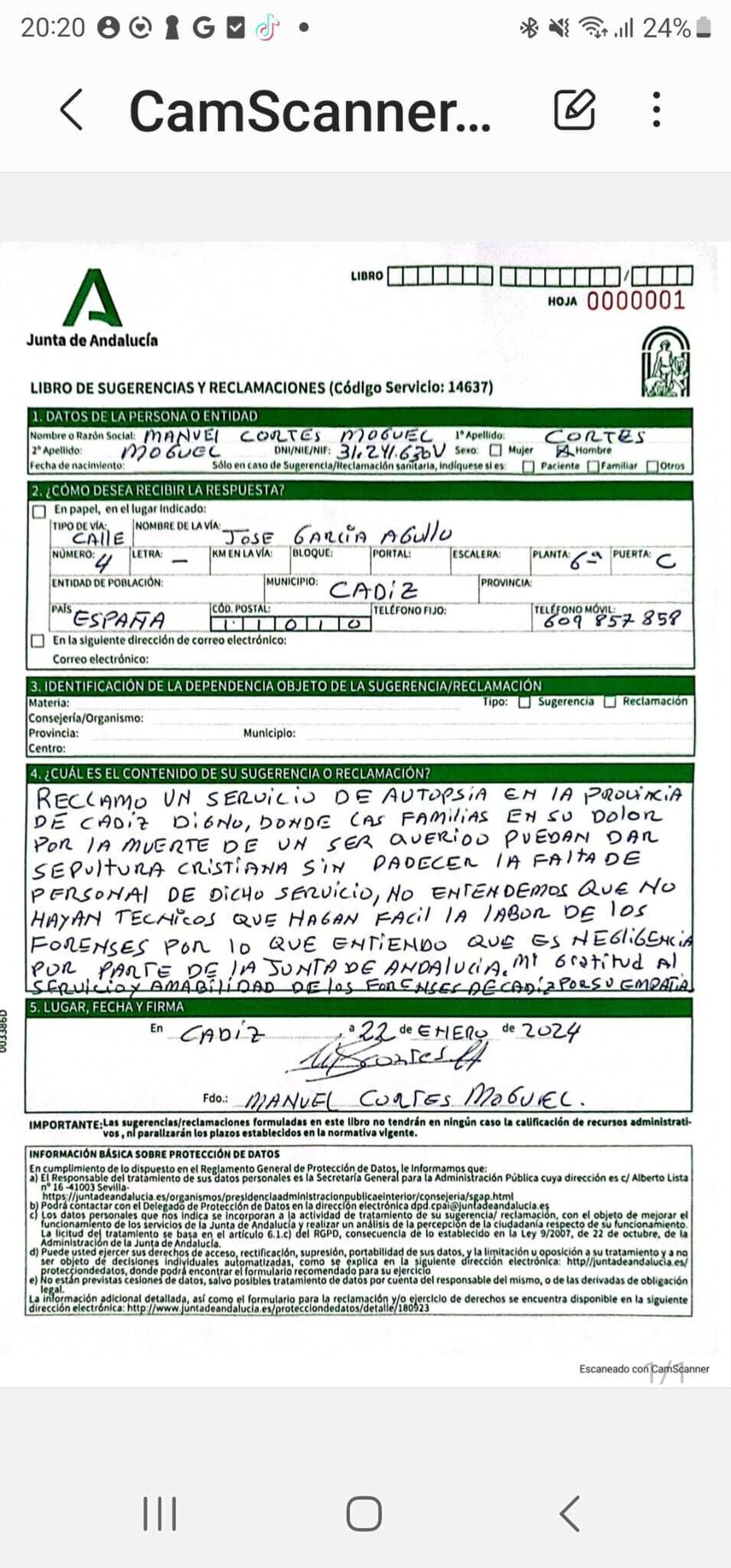 Extracto de la queja contra la Junta presentada por Manuel Cortés.