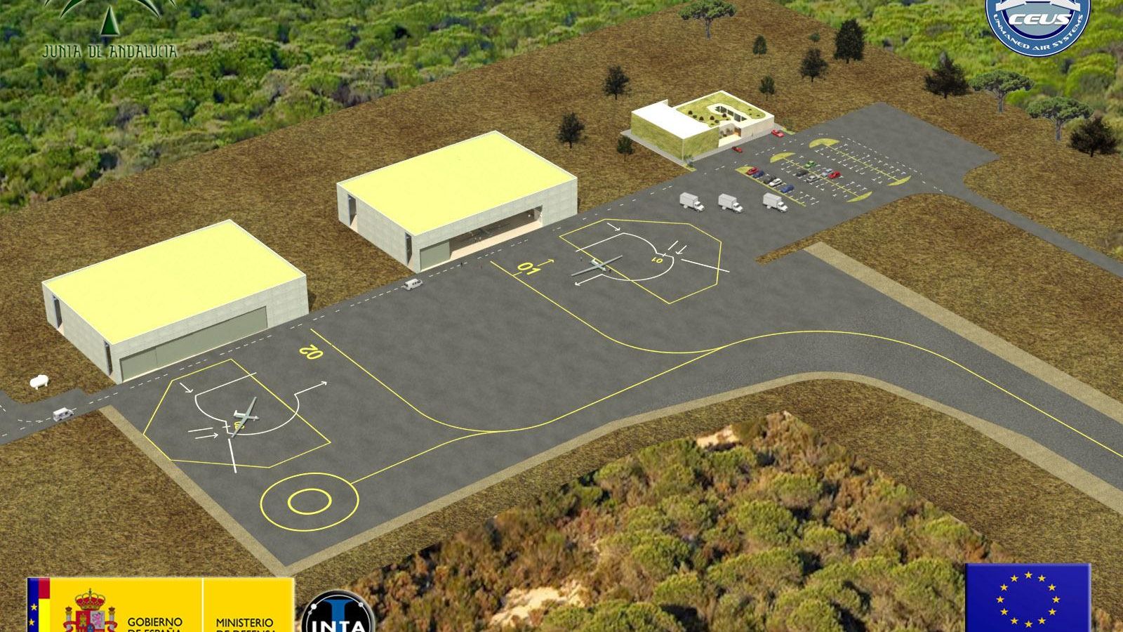 Recreación de las instalaciones que constituirán el CEUS y el acceso a la pista de aterrizaje.