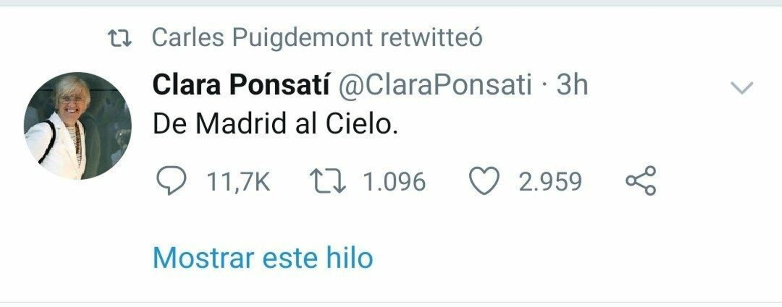 El tuit (borrado) de Clara Ponsatí pidiendo el cierre de Madrid: "De Madrid al cielo"