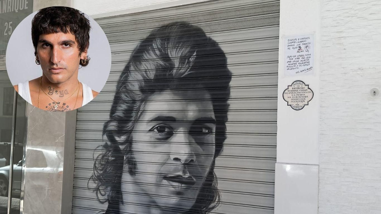 Una imagen del actor y la fachada de su peluquería.