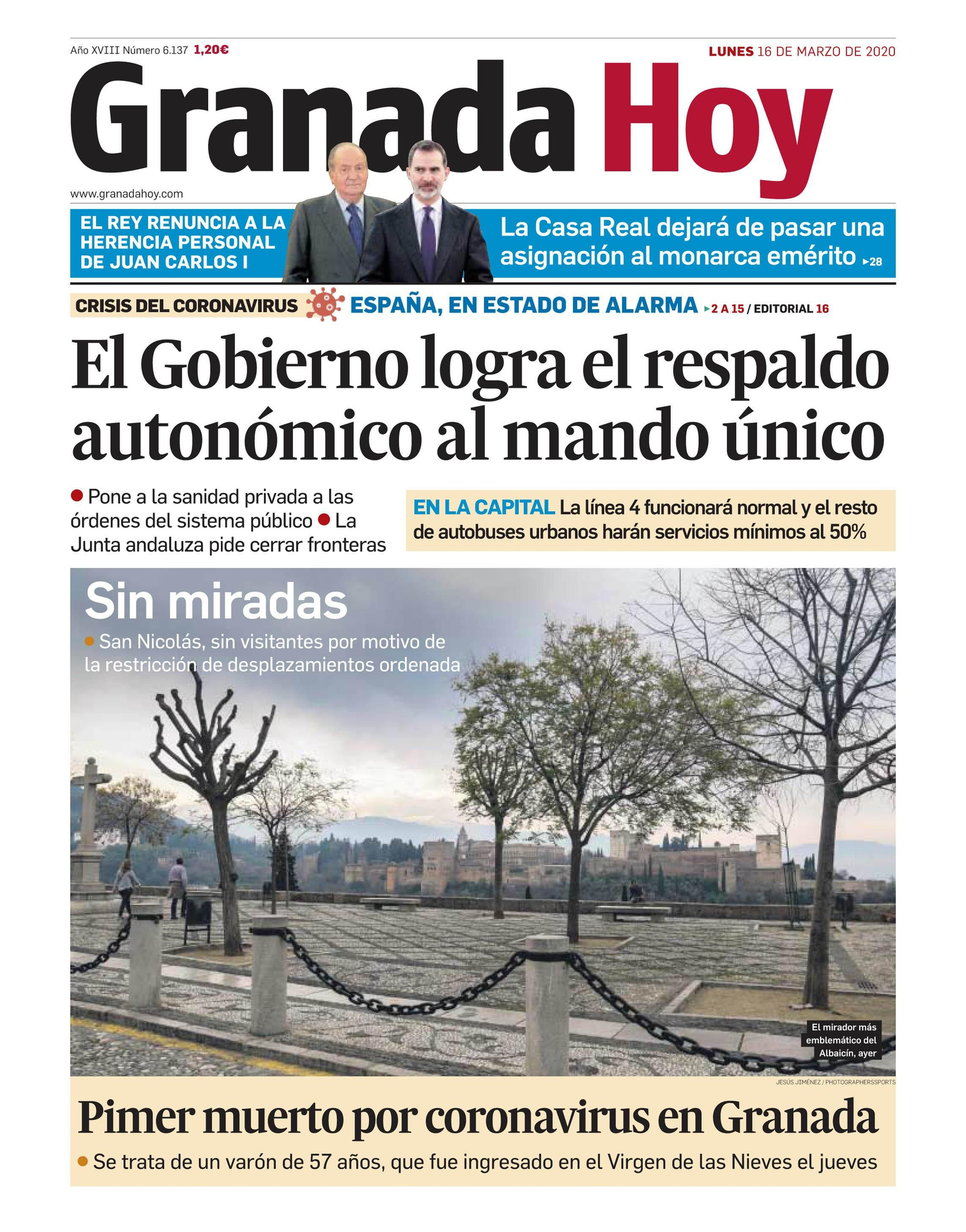 Portada del diario Granada Hoy del lunes 16 de marzo de 2020