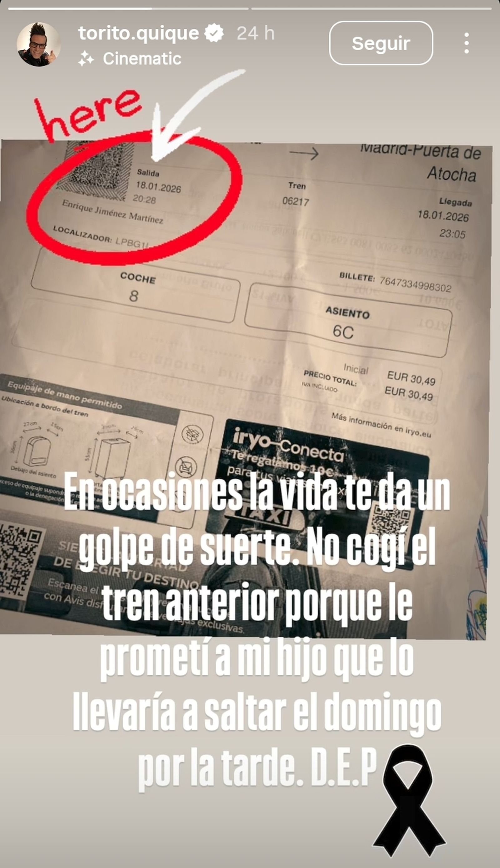 La primera 'story' que ha compartido Torito con su billete de tren que cubría la ruta Málaga-Madrid.