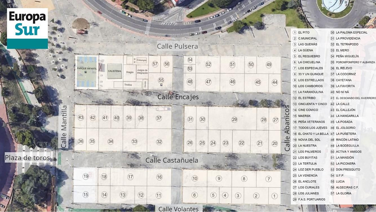 El mapa de las casetas de la Feria Real de Algeciras de 2022.