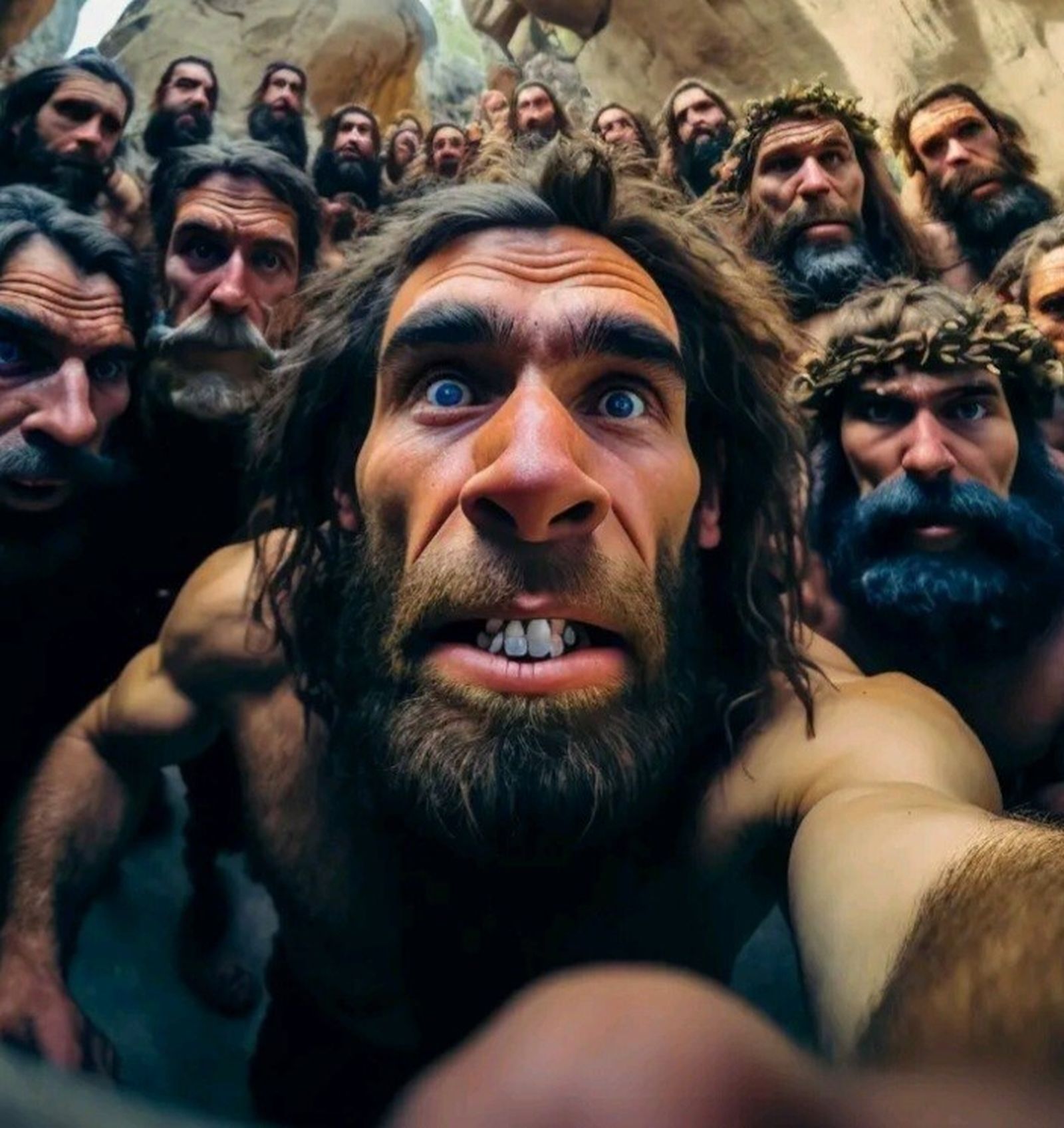 Los miembros de una tribu de homo sapiens, tal vez hace unos 20.000 años,  y su mirada al objetivo del móvil