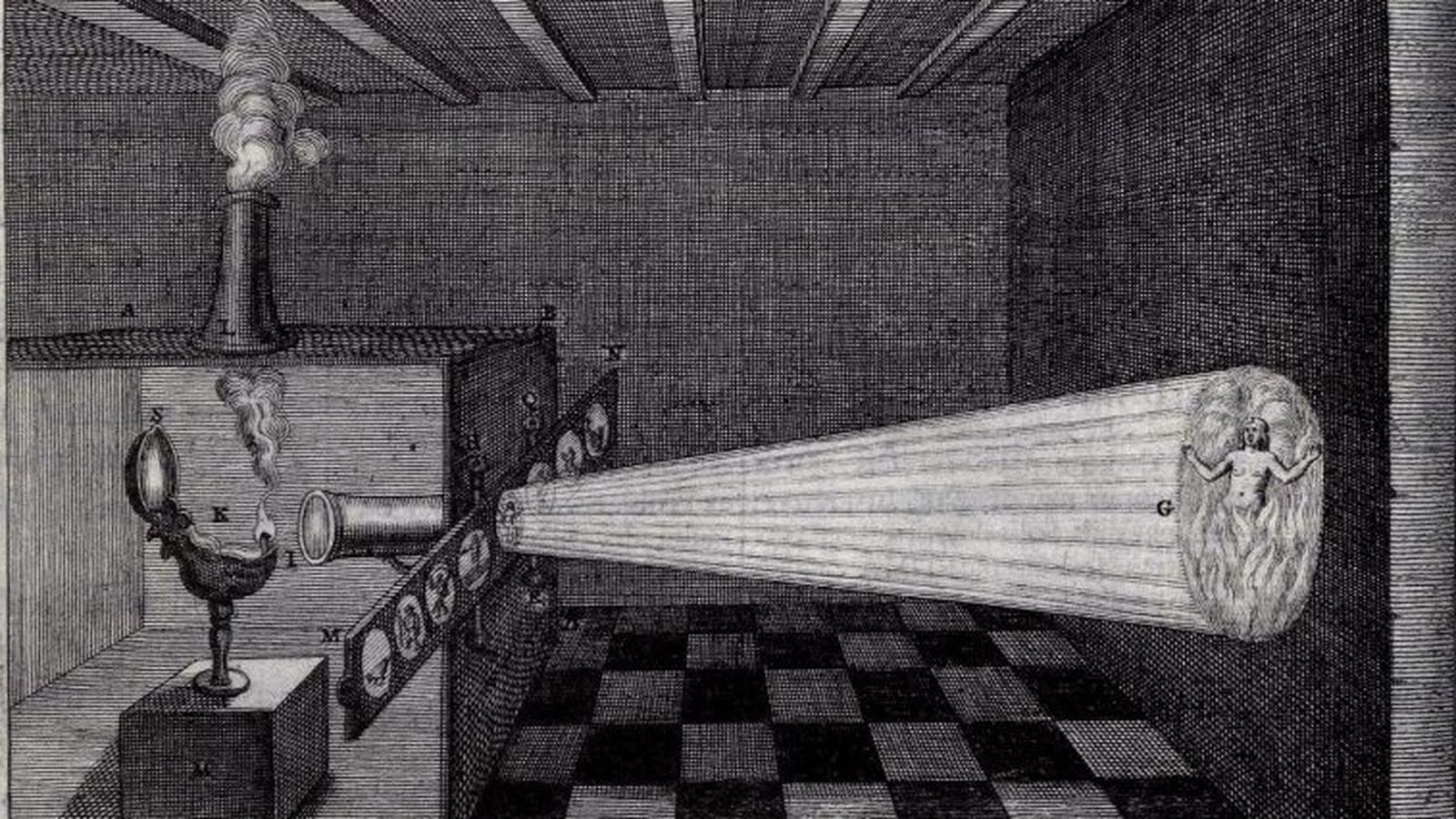 Linterna mágica, grabado incluido por Kircher en 'Ars magna lucis et umbrae' (1646).