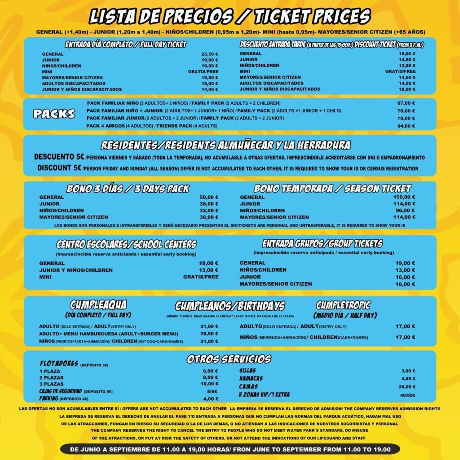 La lista de precios del parque, los más baratos de la zona.