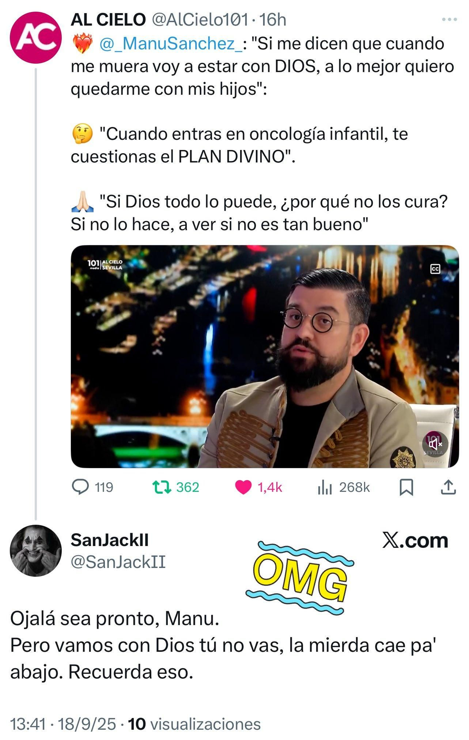 Respuesta a Manu Sánchez en un tuit captado por el propio aludido