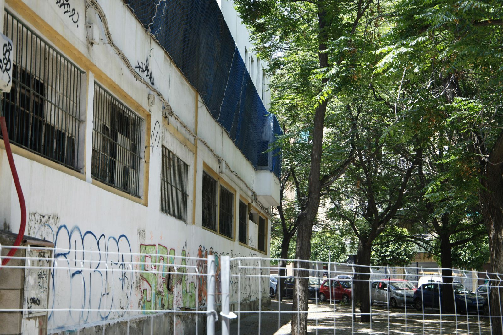 Fachada actual del antiguo mercado junto a parte de los árboles sentenciados a desaparecer.