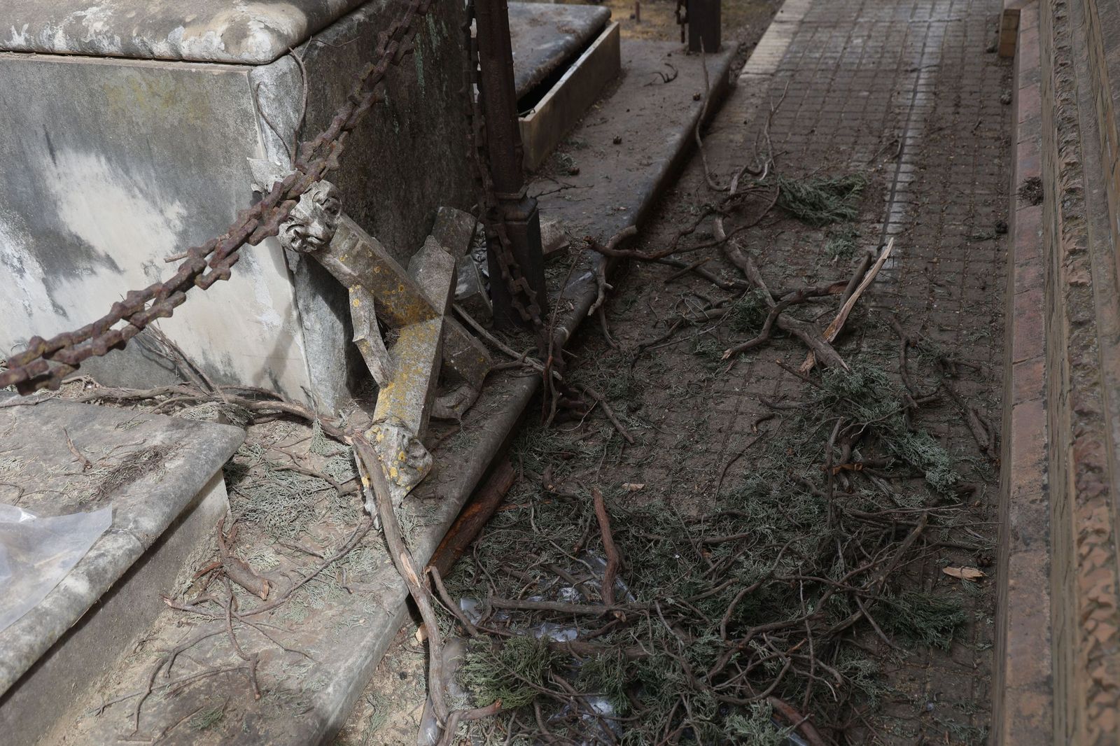 Destrozos provocados en las lápidas del cementerio por la caída de árboles