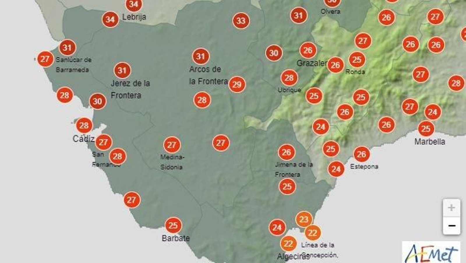 Temperaturas máximas previstas para este jueves.