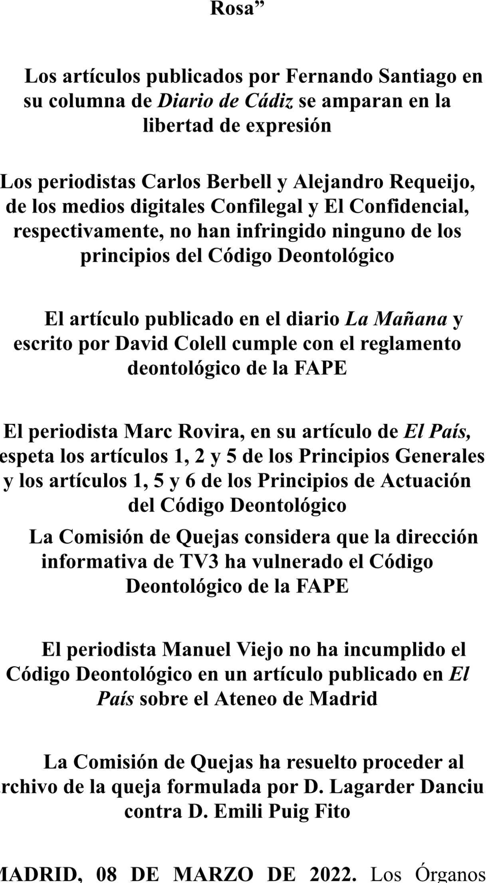 Resoluciones de la Comisión de Quejas de la FAPE