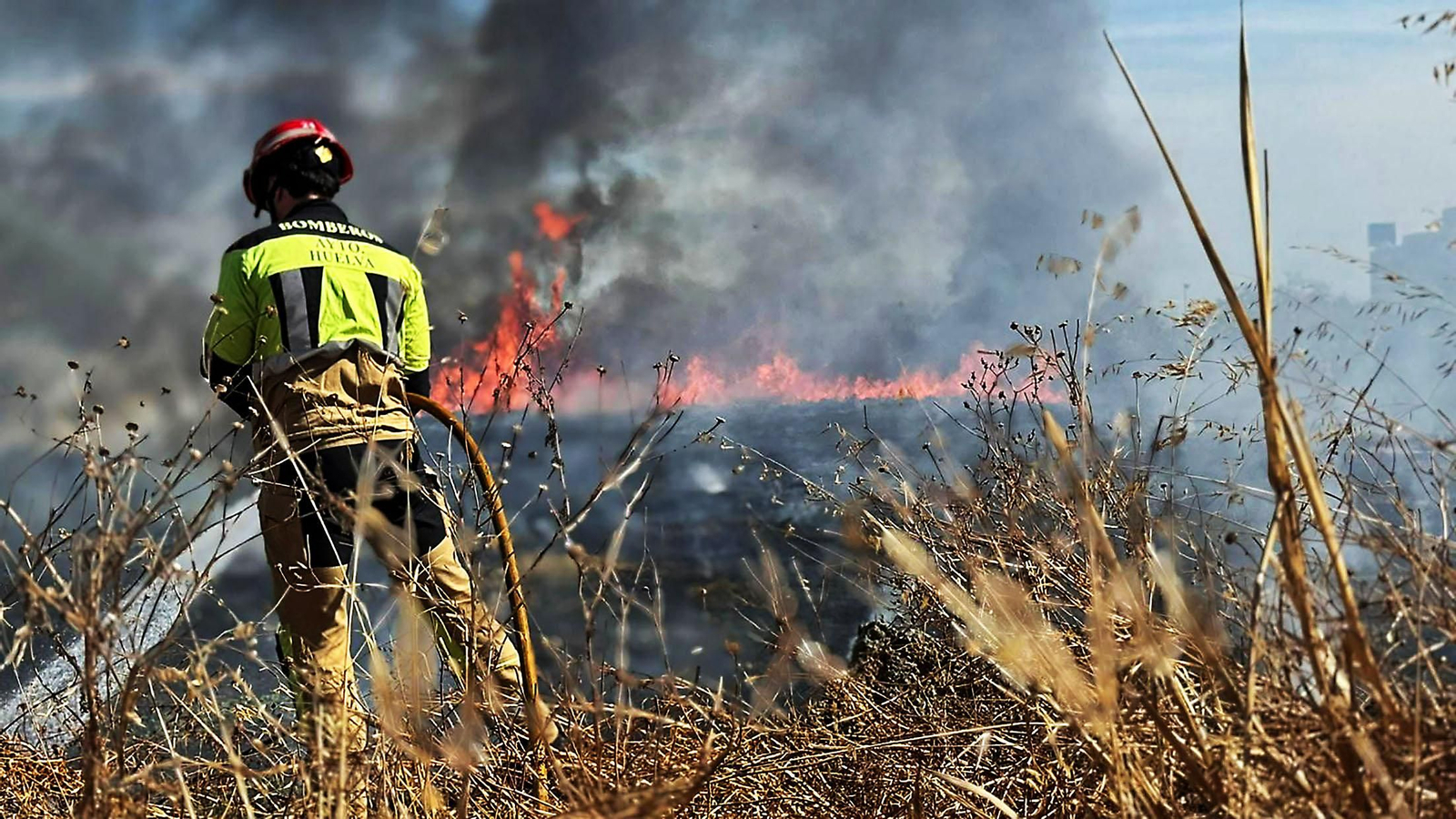 Imágenes del incendio junto al Hospital Juan Ramón Jiménez y el campo de fútbol de El Torrejón en Huelva