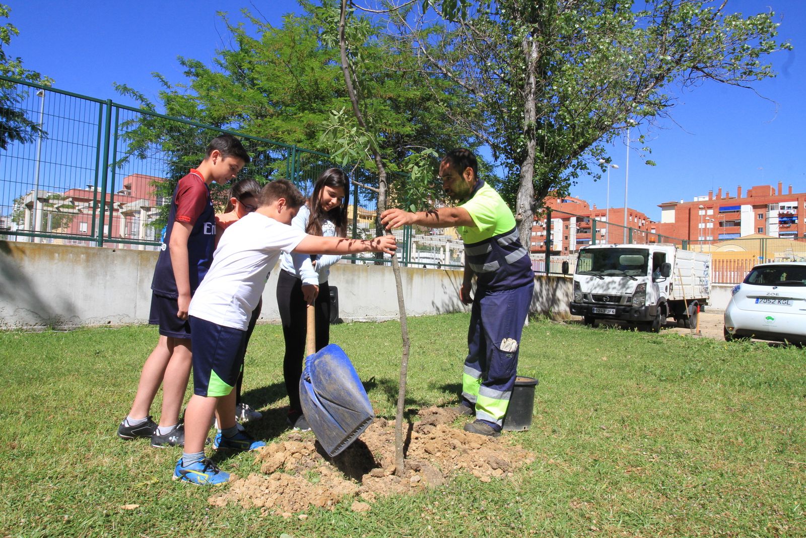 Imágenes de la plantación de árboles llevada a cabo en el colegio Los Rosales, con motivo del incendio del año pasado