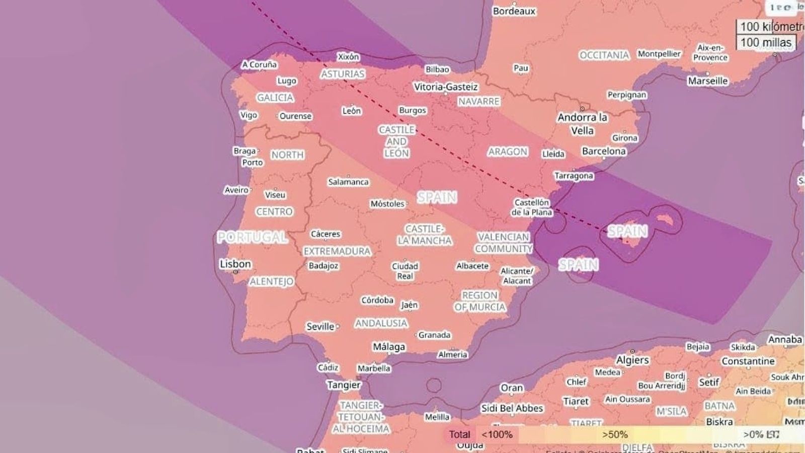 Mapa del recorrido del eclipse solar del 12 de agosto de 2026: el norte de España verá la totalidad y Andalucía un eclipse parcial muy profundo.