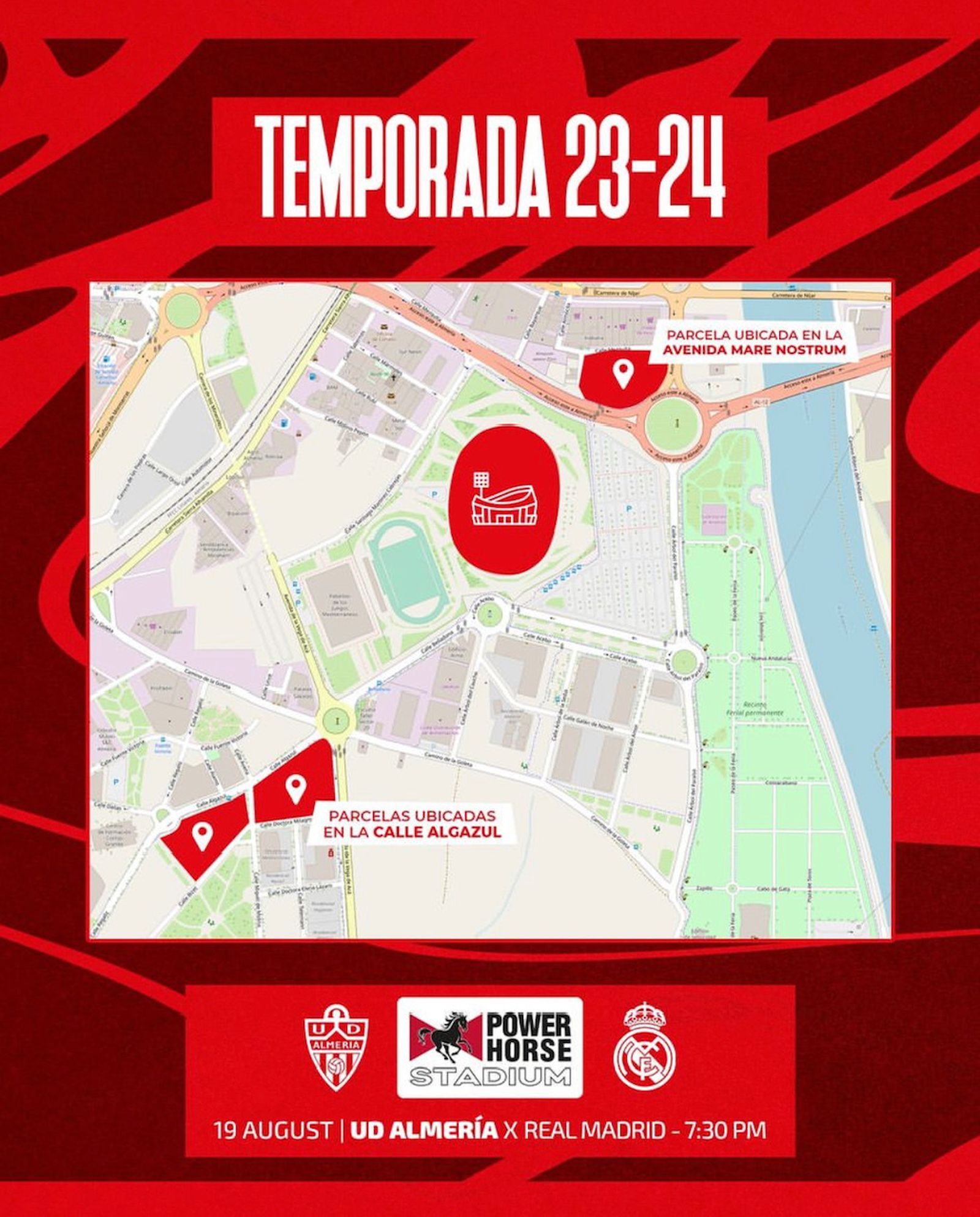 Plano de la zona de aparcamiento que estará habilitado para los asistentes al encuentro que disputan la UD Almería y el Real Madrid.