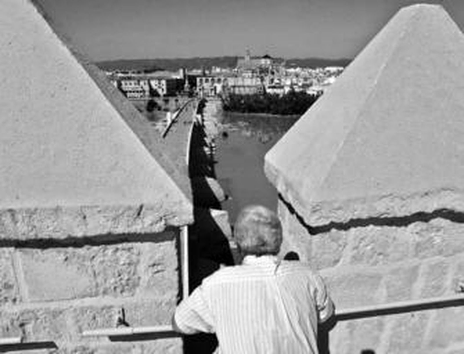 Un turista contempla el Puente Romano y la Mezquita.