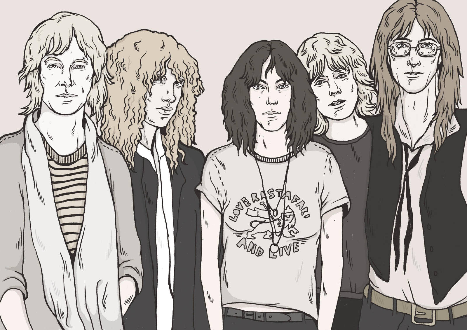 Una ilustración de Patti Smith con su banda y John Cale basada en una imagen de 1975.