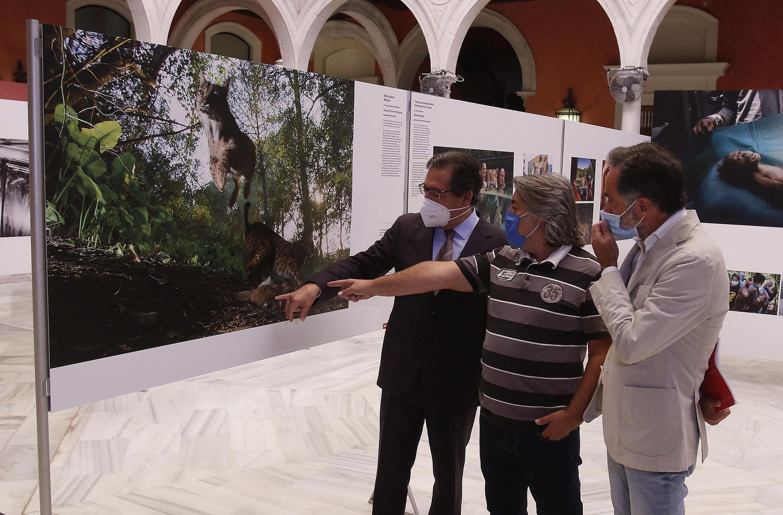 El fotógrafo Antonio Pizarro junto a Antonio Pulido, presidente de la Fundación Cajasol, y el comisario de la exposición World Press Photo 2020, Juan Carlos Sánchez de Lamadrid.