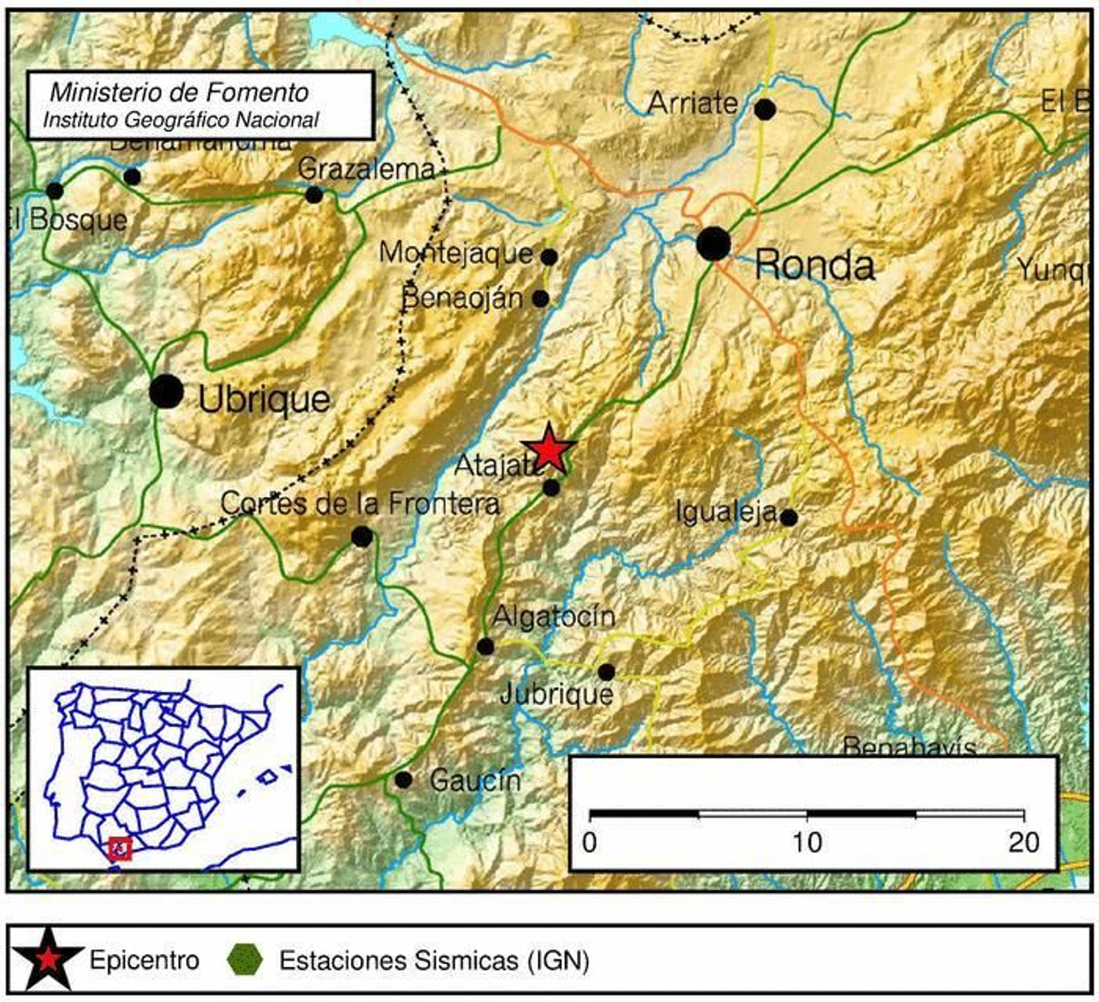 Mapa del Instituto Geográfico Nacional con el epicentro del terremoto en Atajate.
