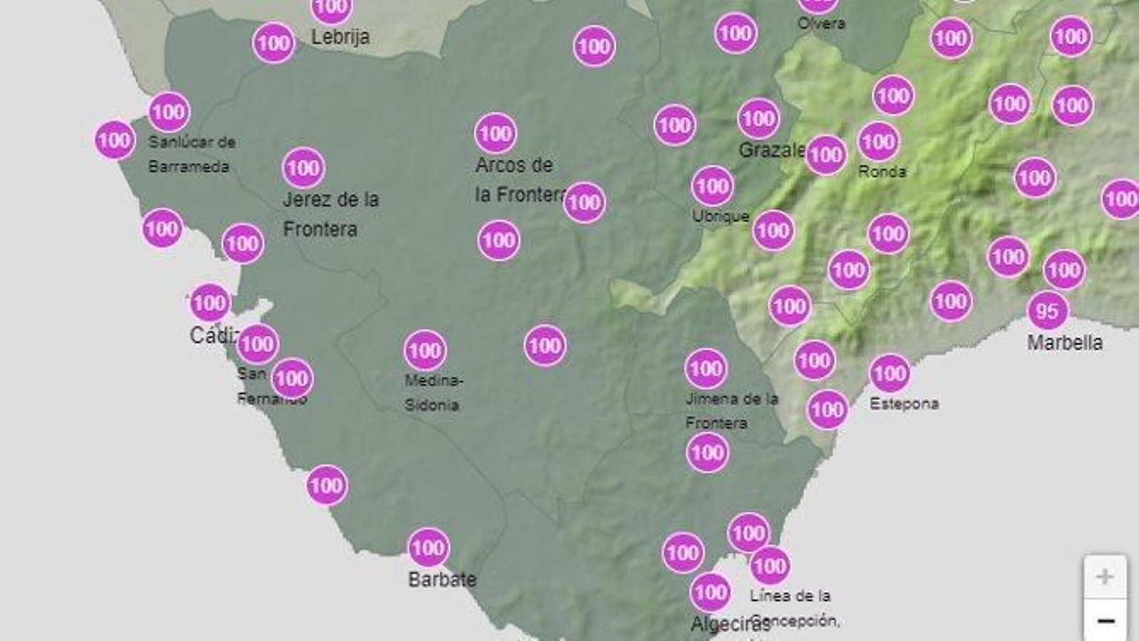 Probabilidad de lluvia que fija Aemet entre las 12 y las 18 horas en Cádiz.