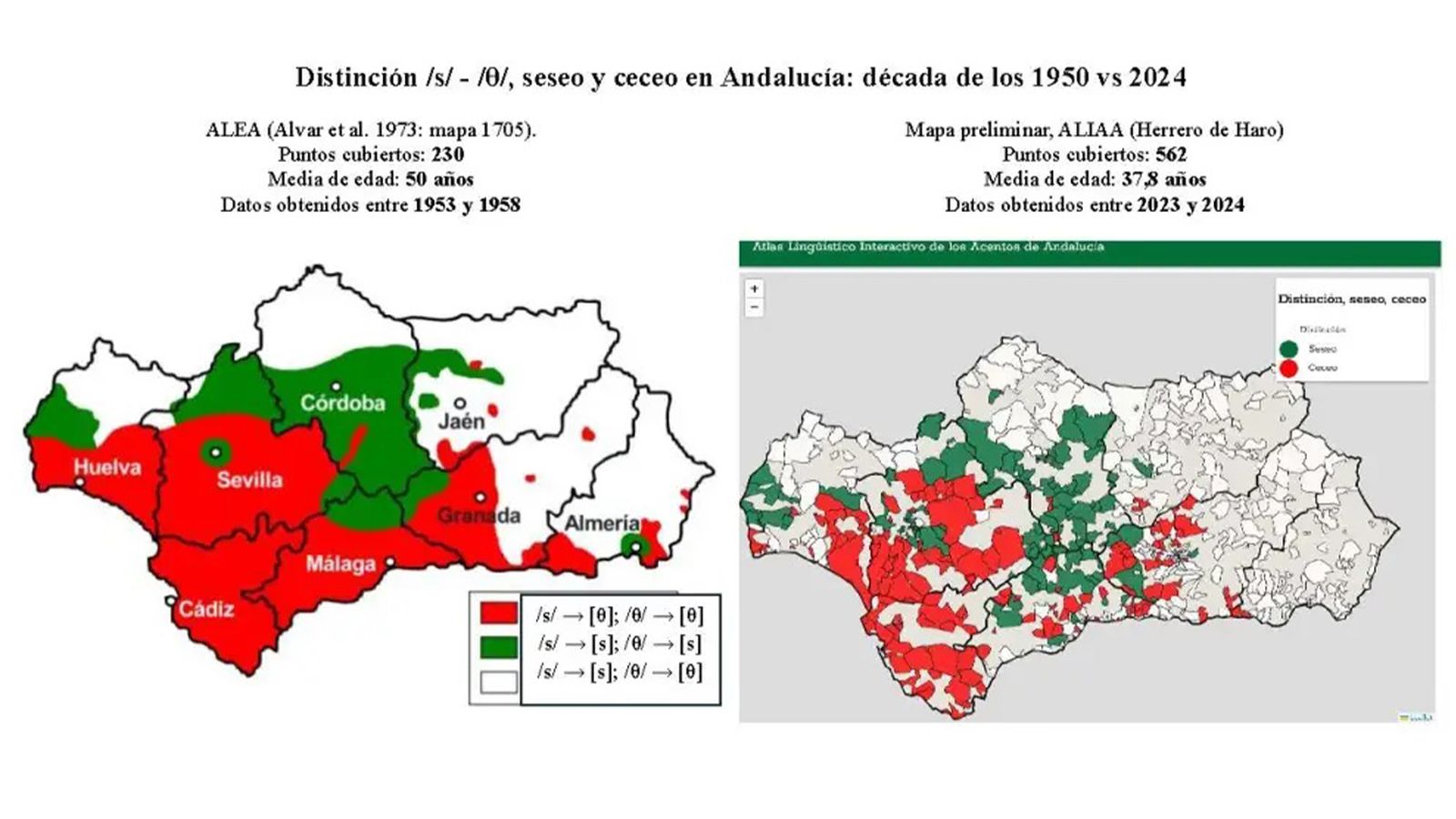 Diferecnias entre las zonas ceceantes y seseantes en Andalucía a finales de los años 50 y en 2024
