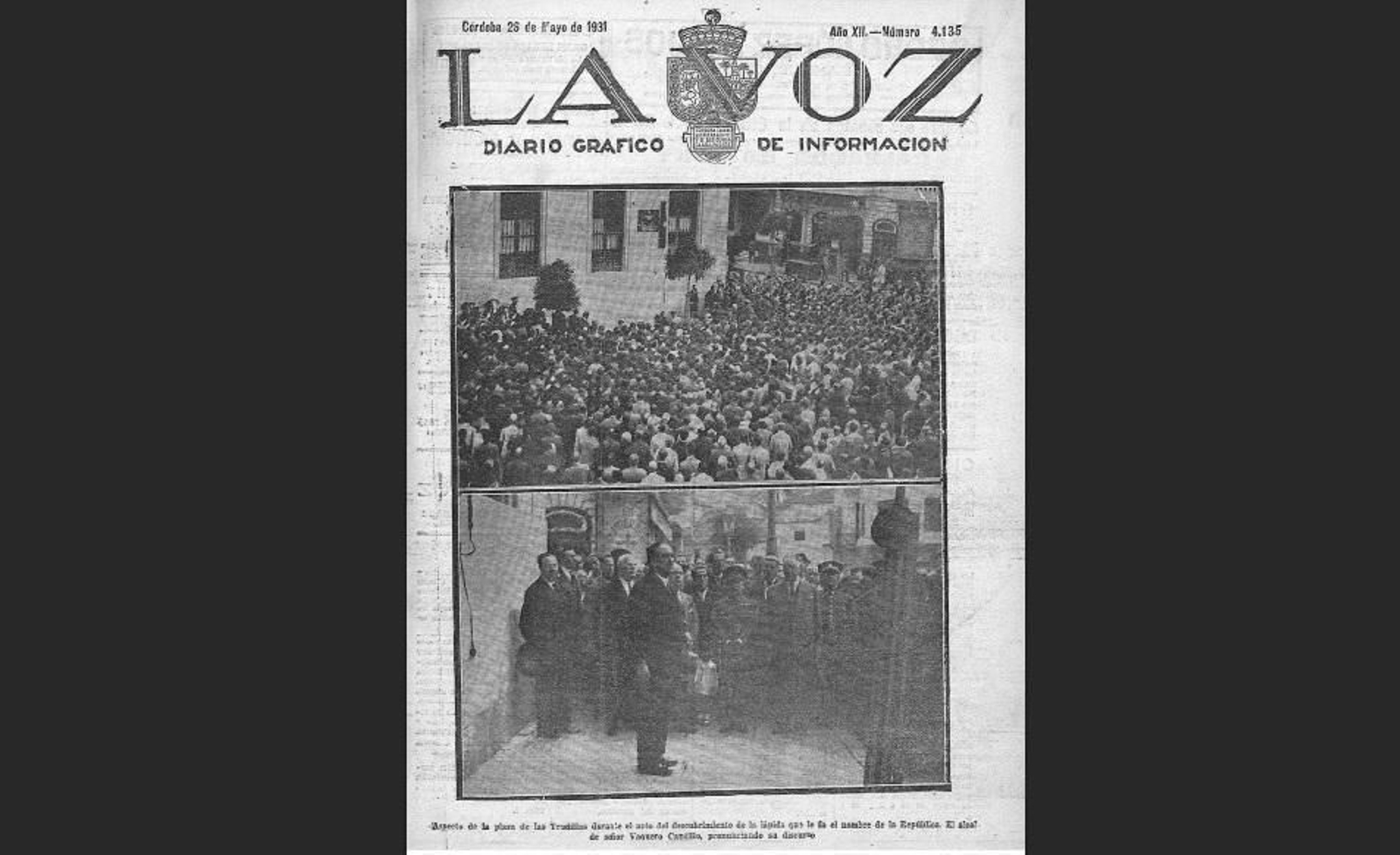 Portada del diario La Voz del 26 de mayo de 1931, cuando se descubrió la placa.