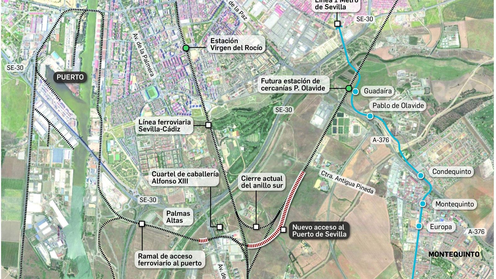 Mapa del acceso ferroviario al Puerto de Sevilla.