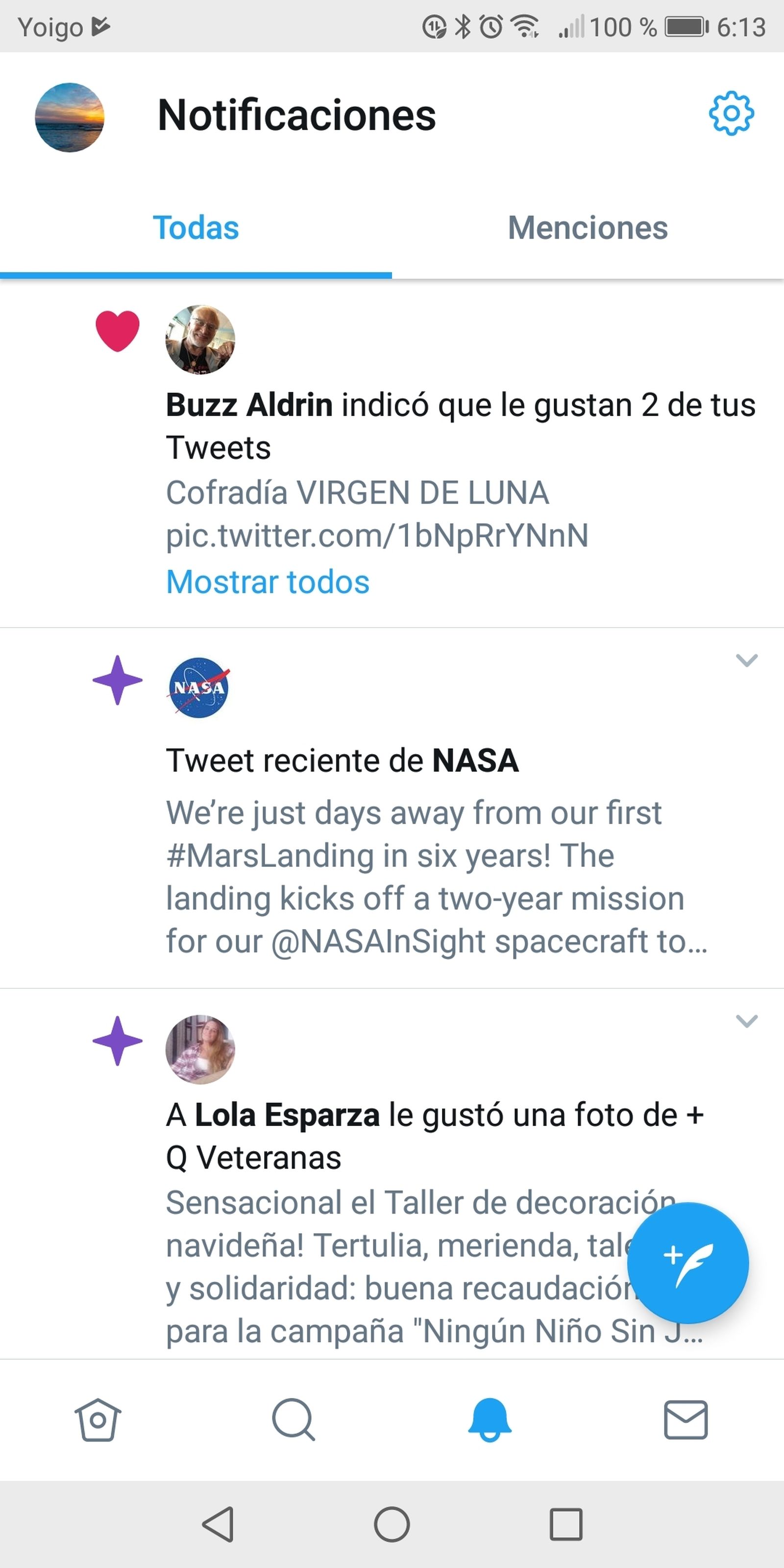 Notificaciones de la red social, donde se muestra el me gusta del astronauta al tweet de Hermenio