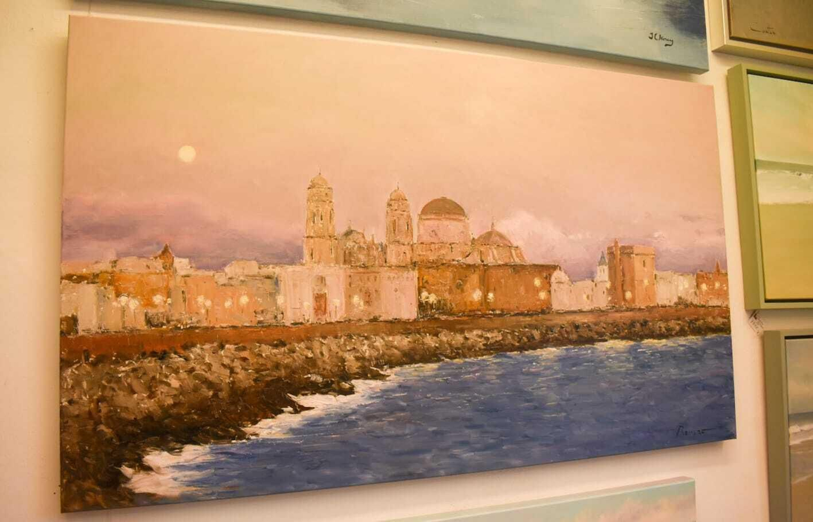 El Campo del Sur. Una de las estampas más conocidas de Cádiz es el paseo del Campo del Sur presidido por la Catedral Nueva con su cúpula amarilla. Este cuadro, que representa este lugar en su atardecer, está realizado por Romero a espátula y pincel. Con un tamaño de 90x150, su precio es de 1.250 euros.