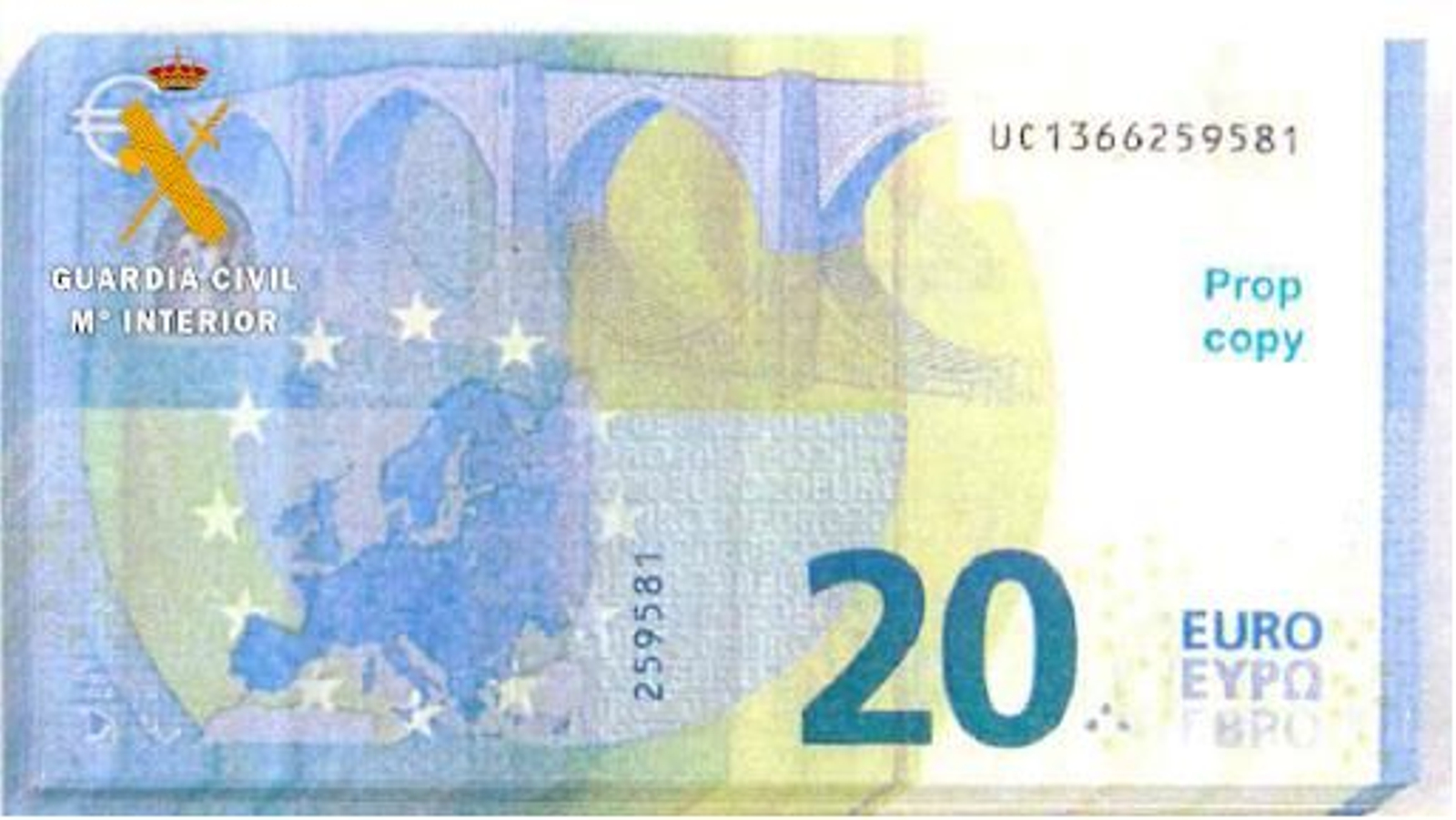 Uno de los billetes de 20 euros falsos que han sido intervenidos.