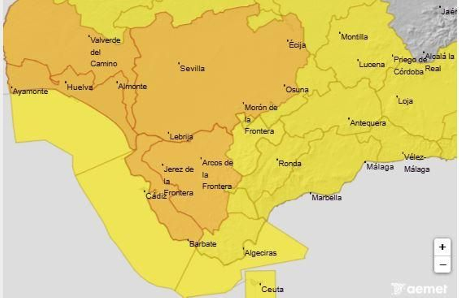 Aviso naranja en la provincia de Cádiz por fuertes lluvias este sábado