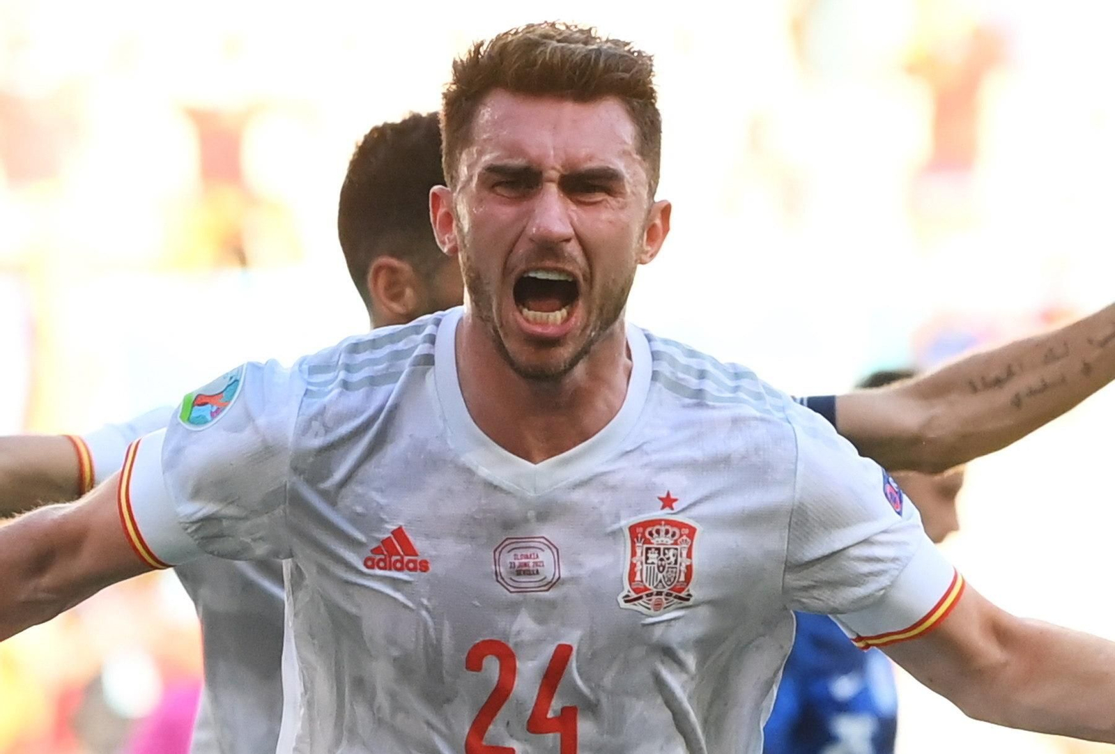 Aymeric Laporte celebra su gol ante Eslovaquia el pasado miércoles en Sevilla.