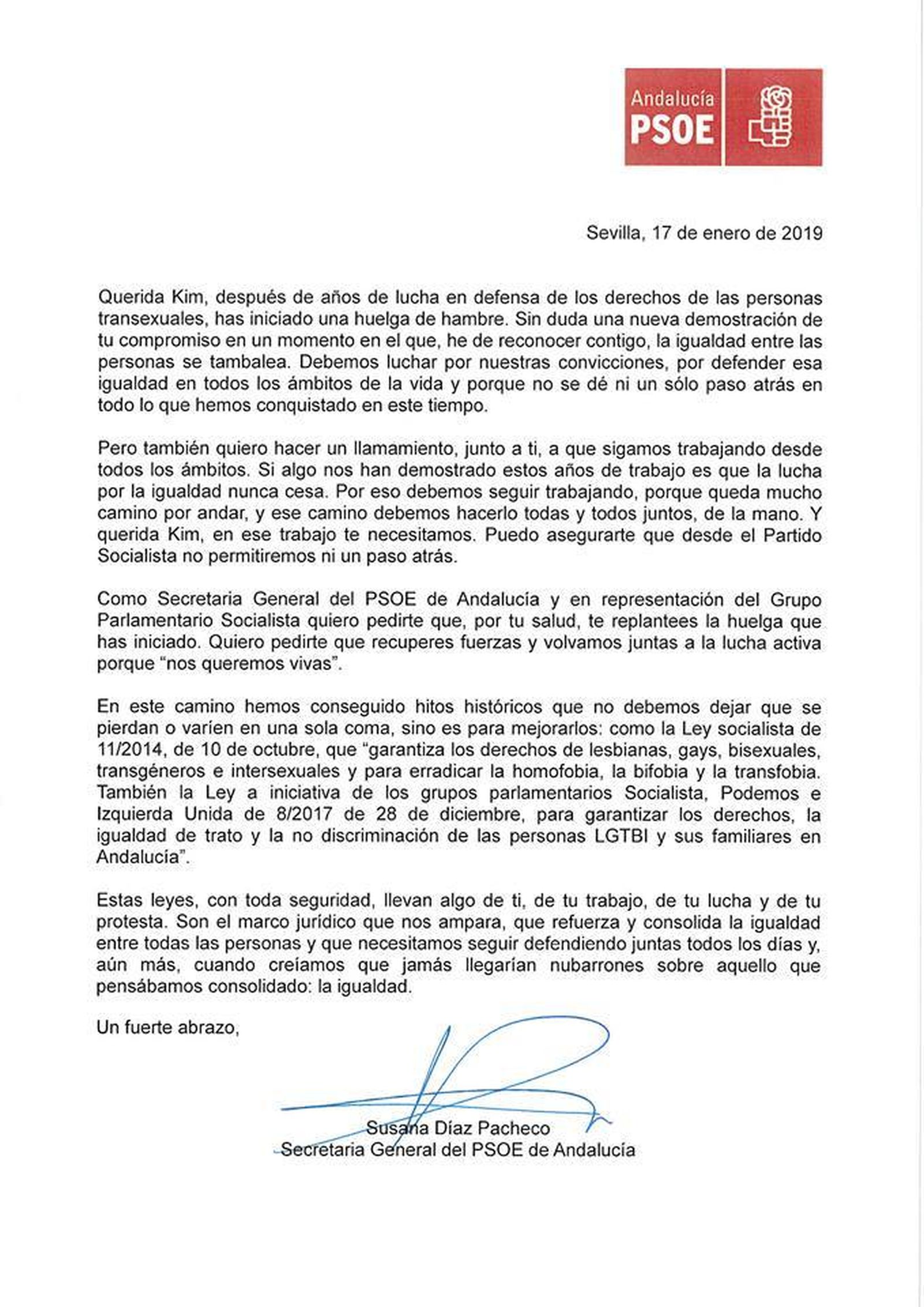 Carta enviada por Susana Díaz.