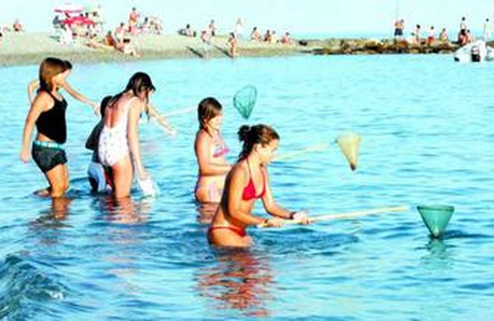 Niños juegan en la playa a cazar medusas durante la pasada temporada estival 2007.