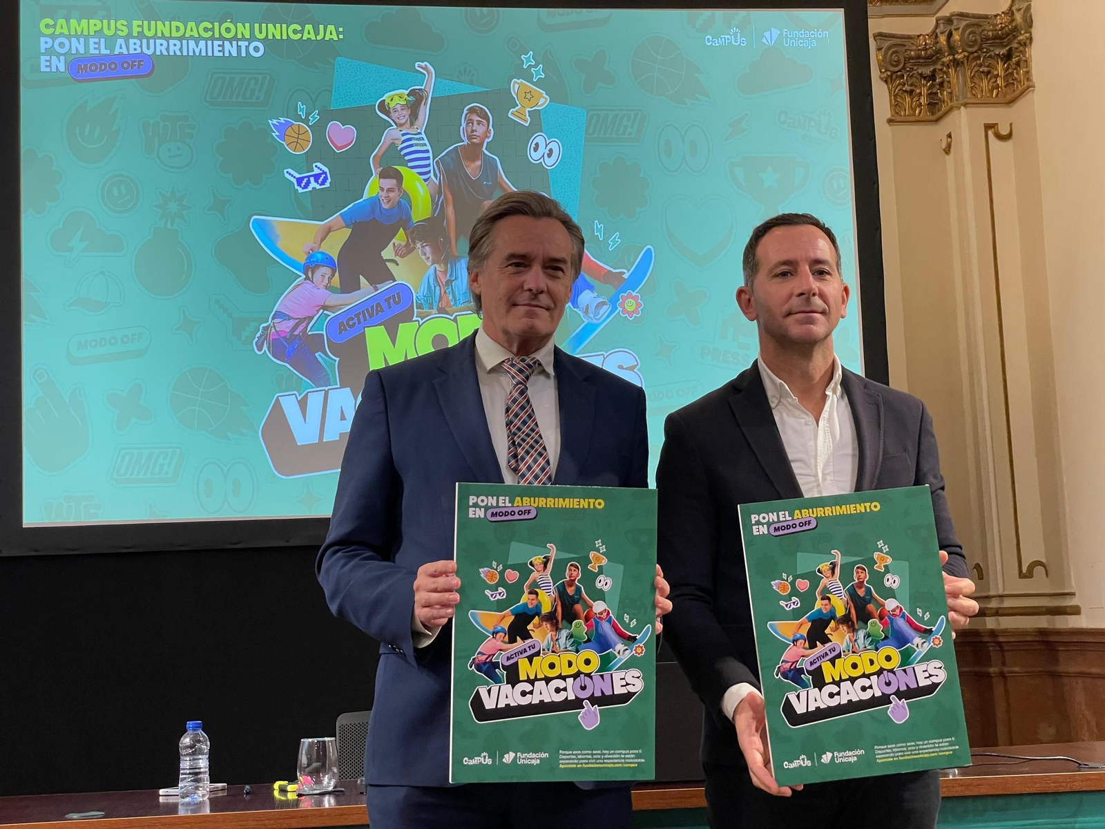 El director de Actividades Sociales de la Fundación Unicaja, Gerardo Lerones, y el responsable de Deportes, Tiempo Libre, Medio Ambiente y Voluntariado, Manuel Dorado en la Presentación de Campus Fundación Unicaja 2026