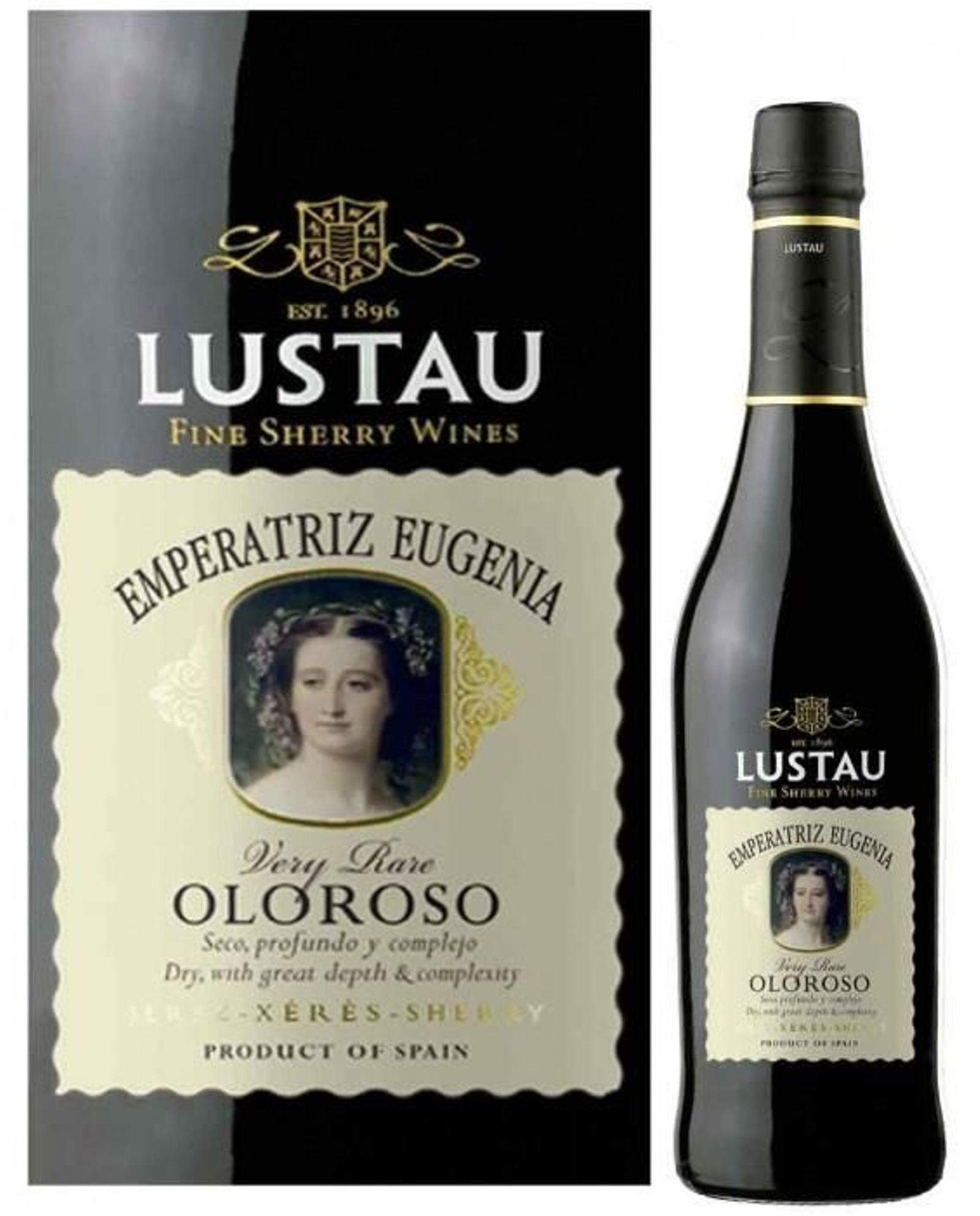 Etiqueta y botella de Lustau con la imagen de la Emperatriz Eugenia.