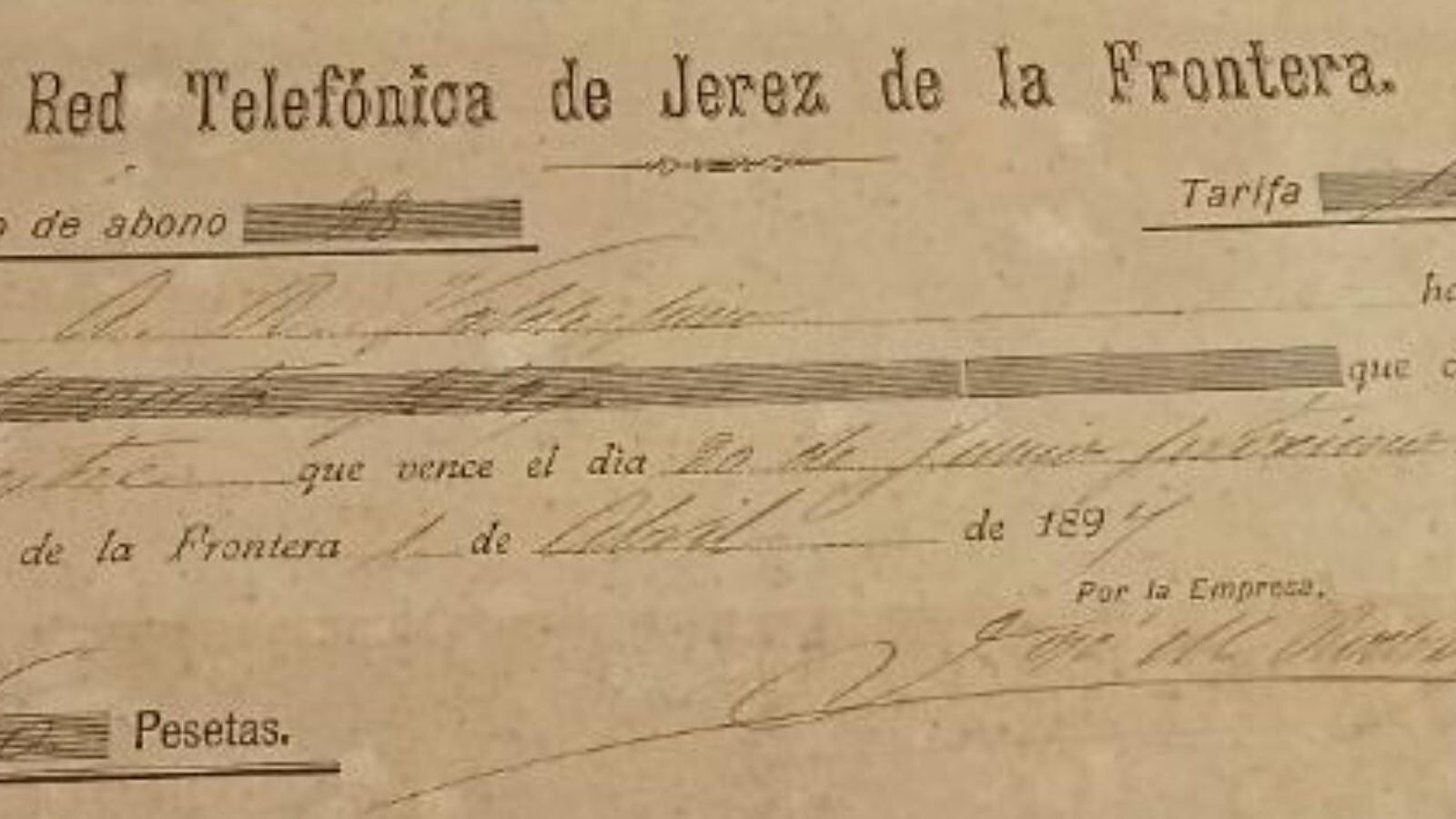 -Recibí de la red telefónica de Jerez con fecha 1 de abril de 1894.