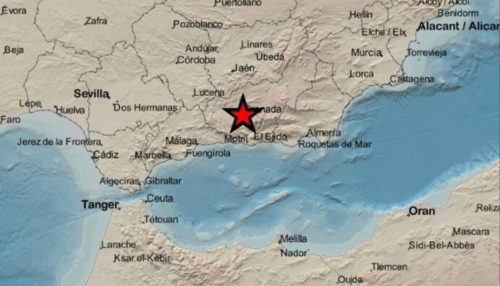 Gráfico del terremoto con el punto del epicentro ofrecido por el IGN