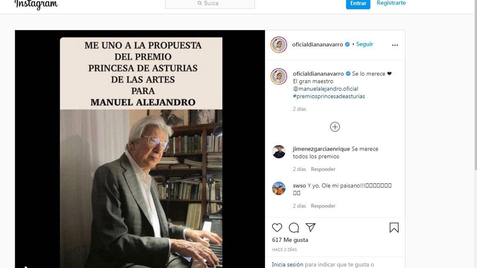Apoyo de Diana Navarro en su cuenta de Instagram. Apoyo de Diana Navarro en su cuenta de Instagram.