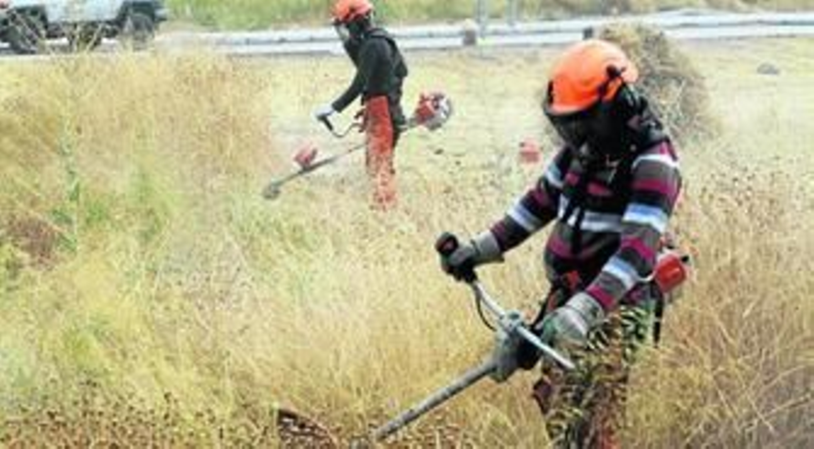 Dos operarios realizan las tareas de limpieza en la zona destinada a la celebración del certamen musical de rock.
