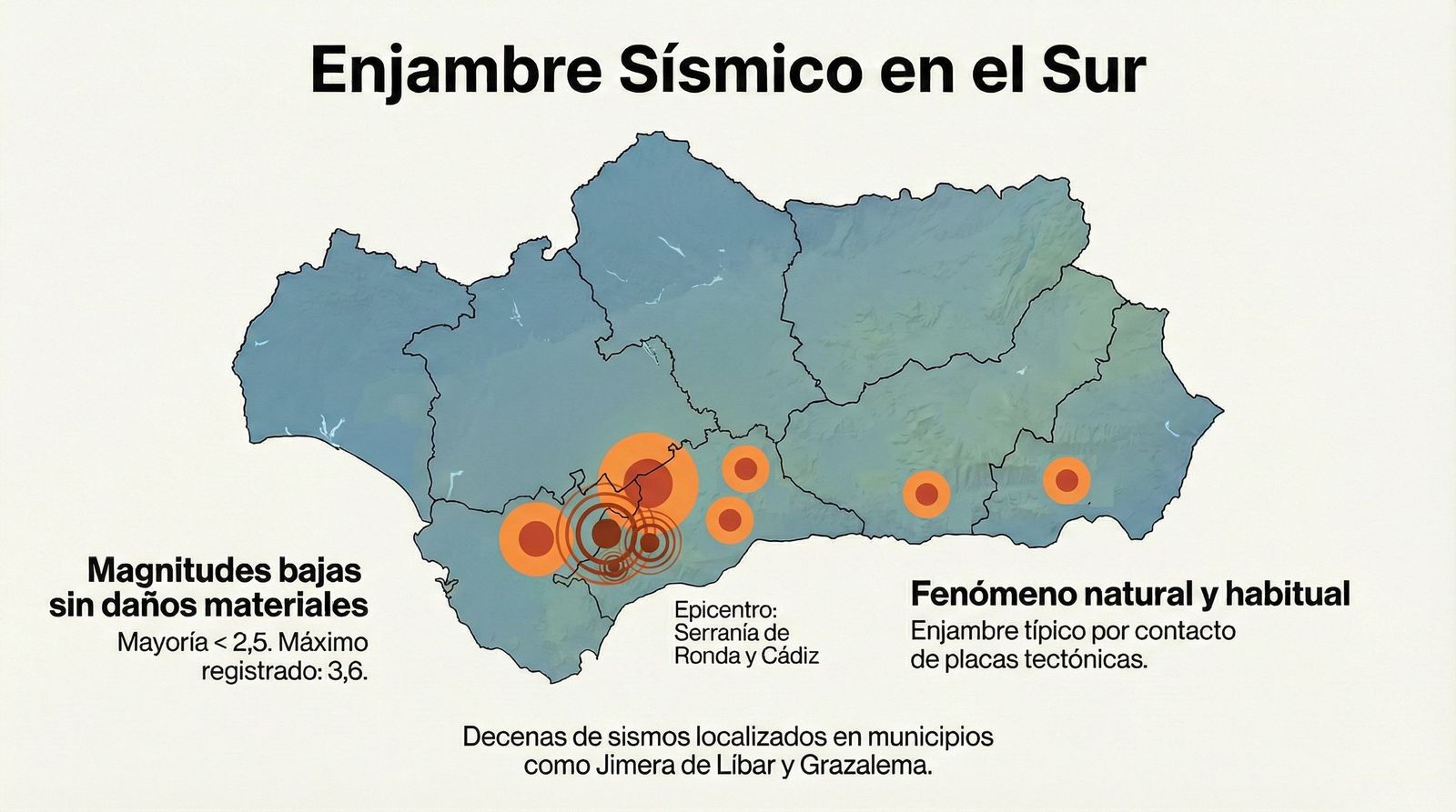 Enjambre sísmico en Andalucía con foco principal entre Málaga y Cádiz y temblores aislados en otras provincias durante los últimos días.