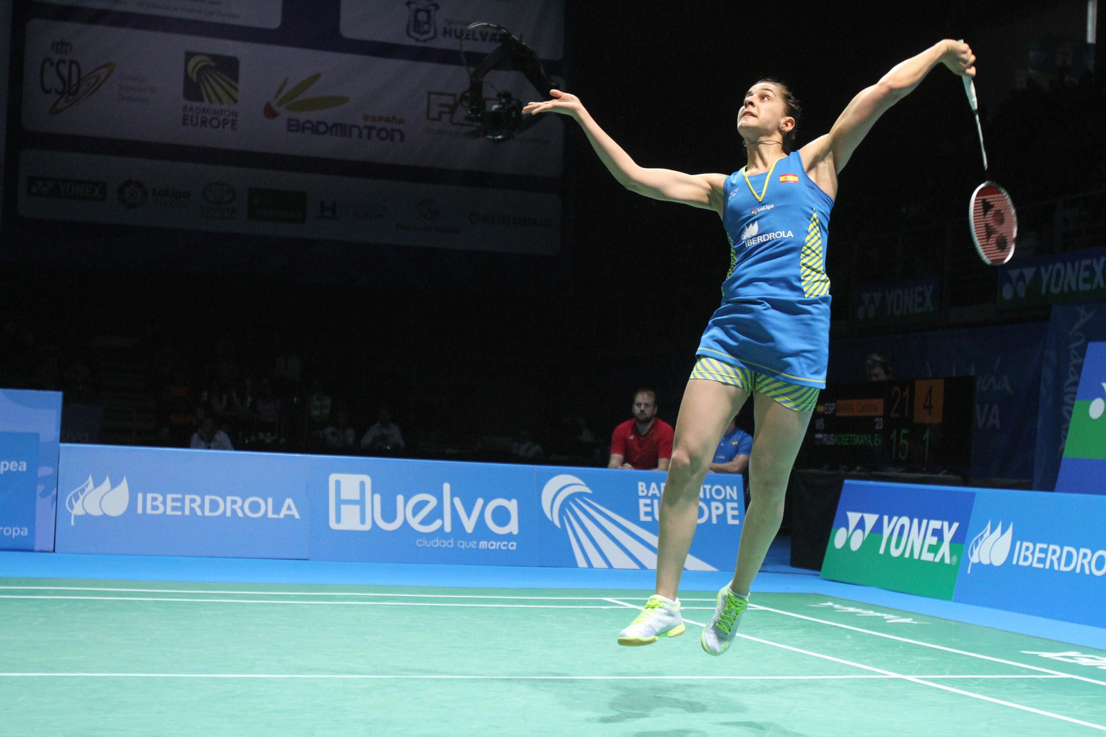 Partido y victoria de Carolina Marín en el Europeo de Bádminton celebrado en Huelva