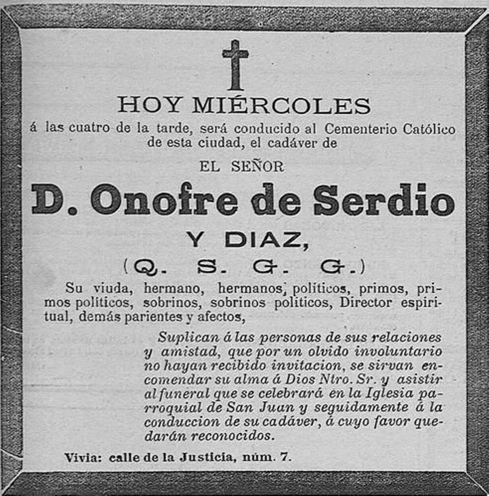Esquela de D. Onofre de Serdio y Díaz.