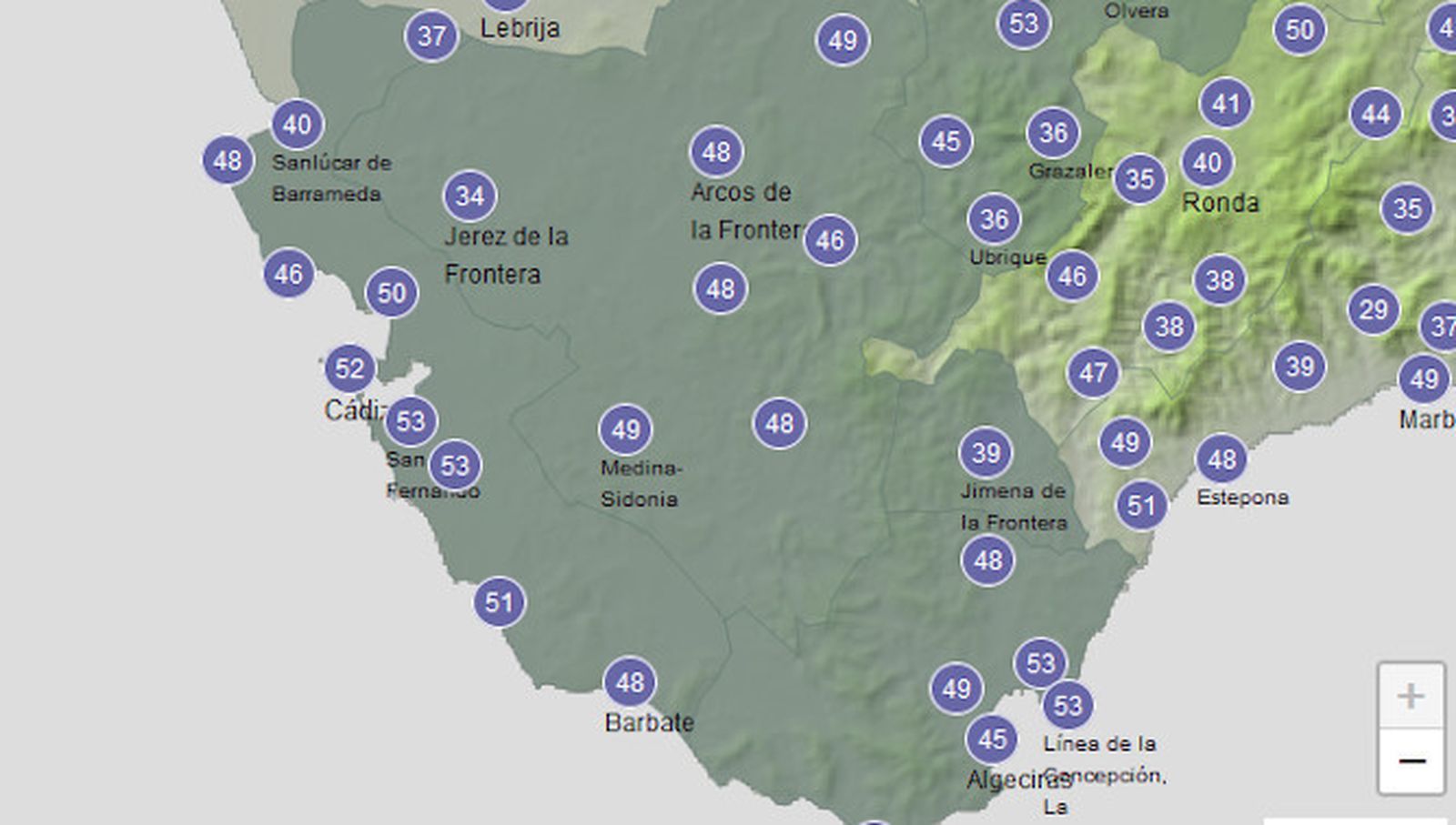 Rachas máximas de viento previstas para este sábado en Cádiz.