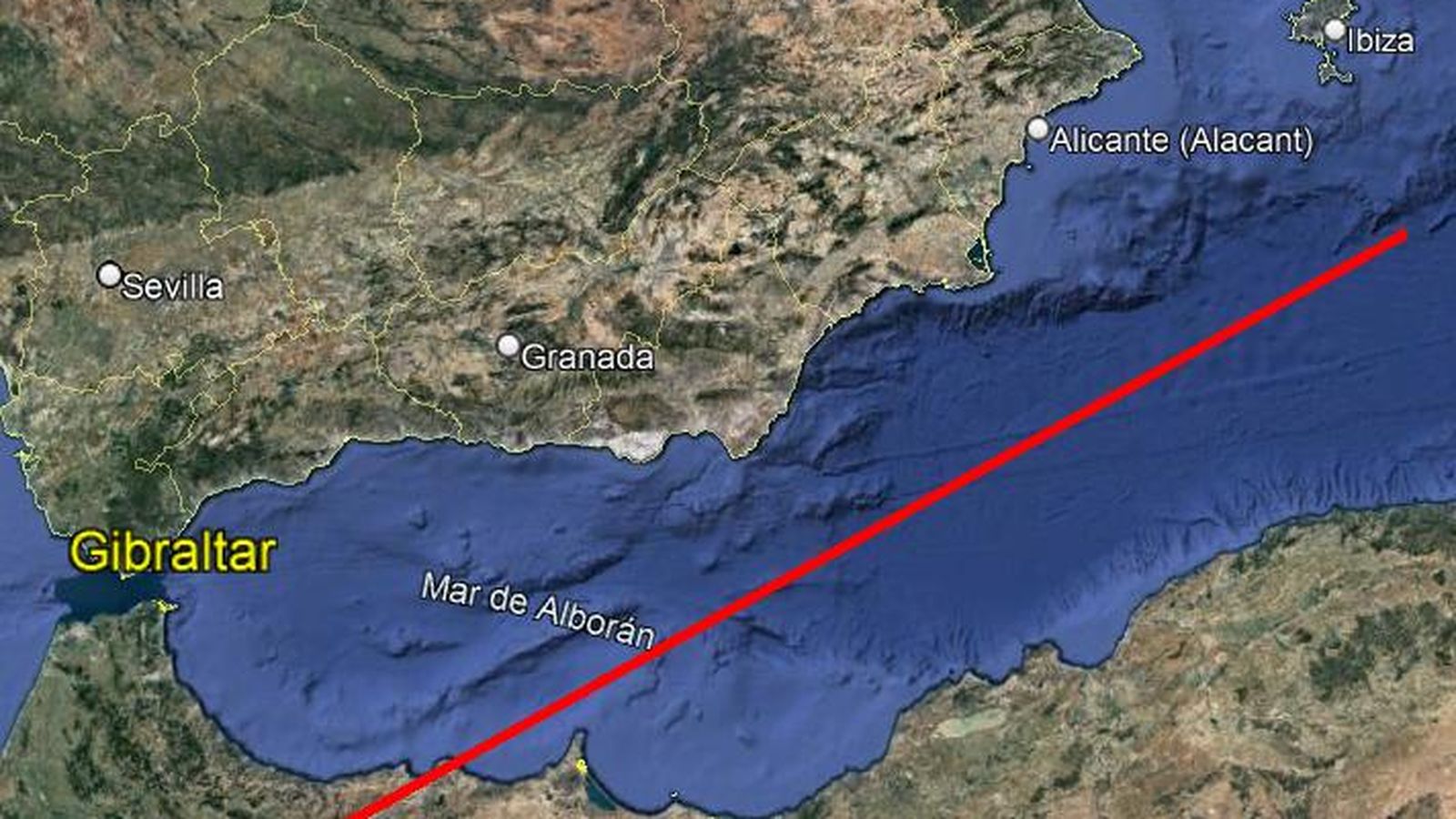 Recorrido de la "bola de fuego" que cruzó el sur de España.