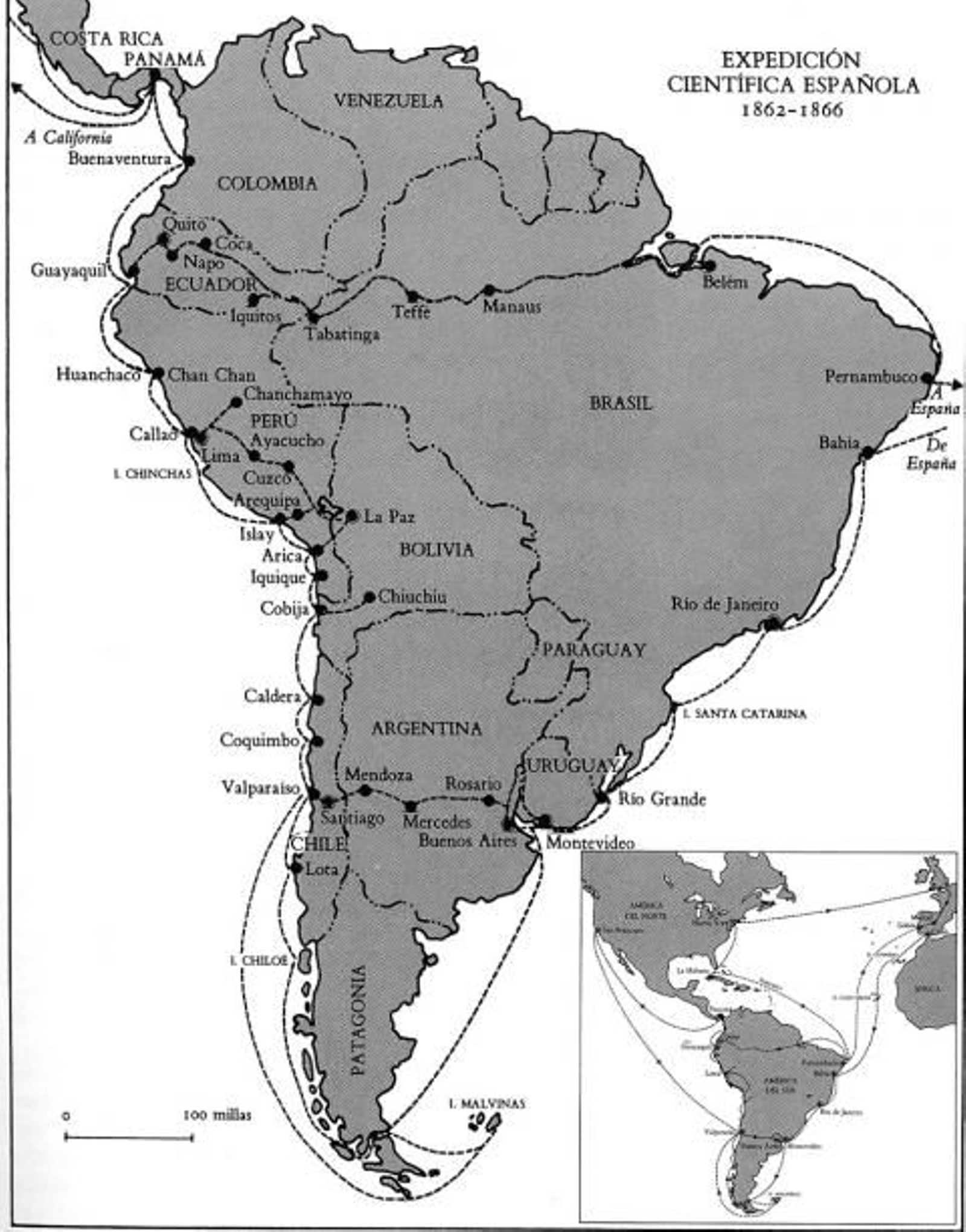 Mapa del itinerario de la Expedición de la Comisión Científica del Pacífico