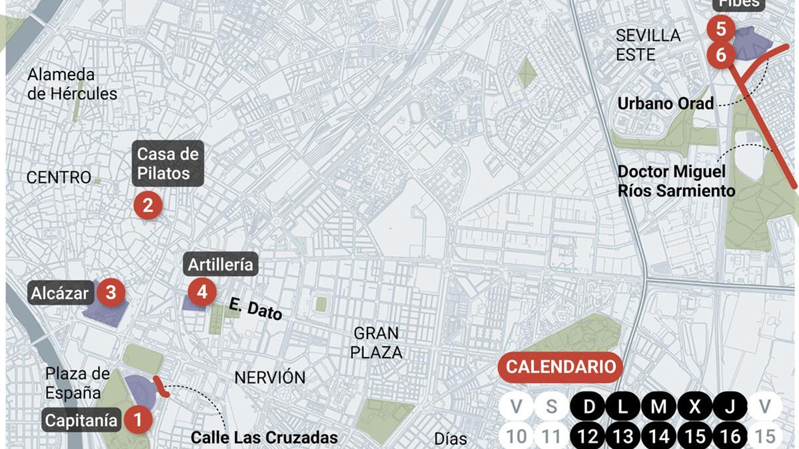 Localización de los eventos que afectarán al tráfico. Fuente: Ayuntamiento de Sevilla.