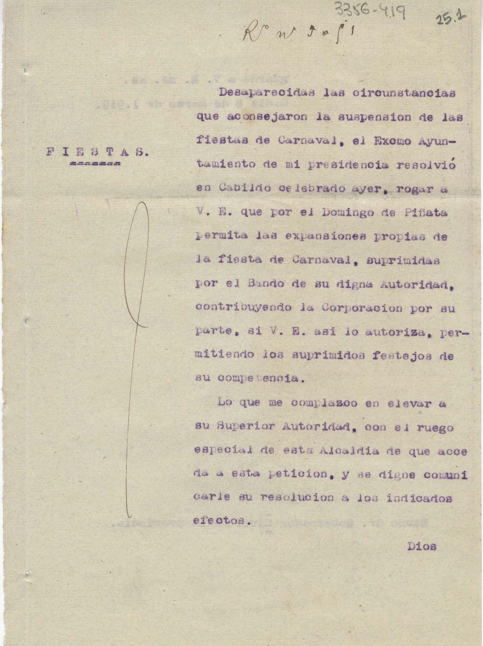 Carta del alcalde al gobernador civil para que autorice la celebración del Domingo de Piñata.