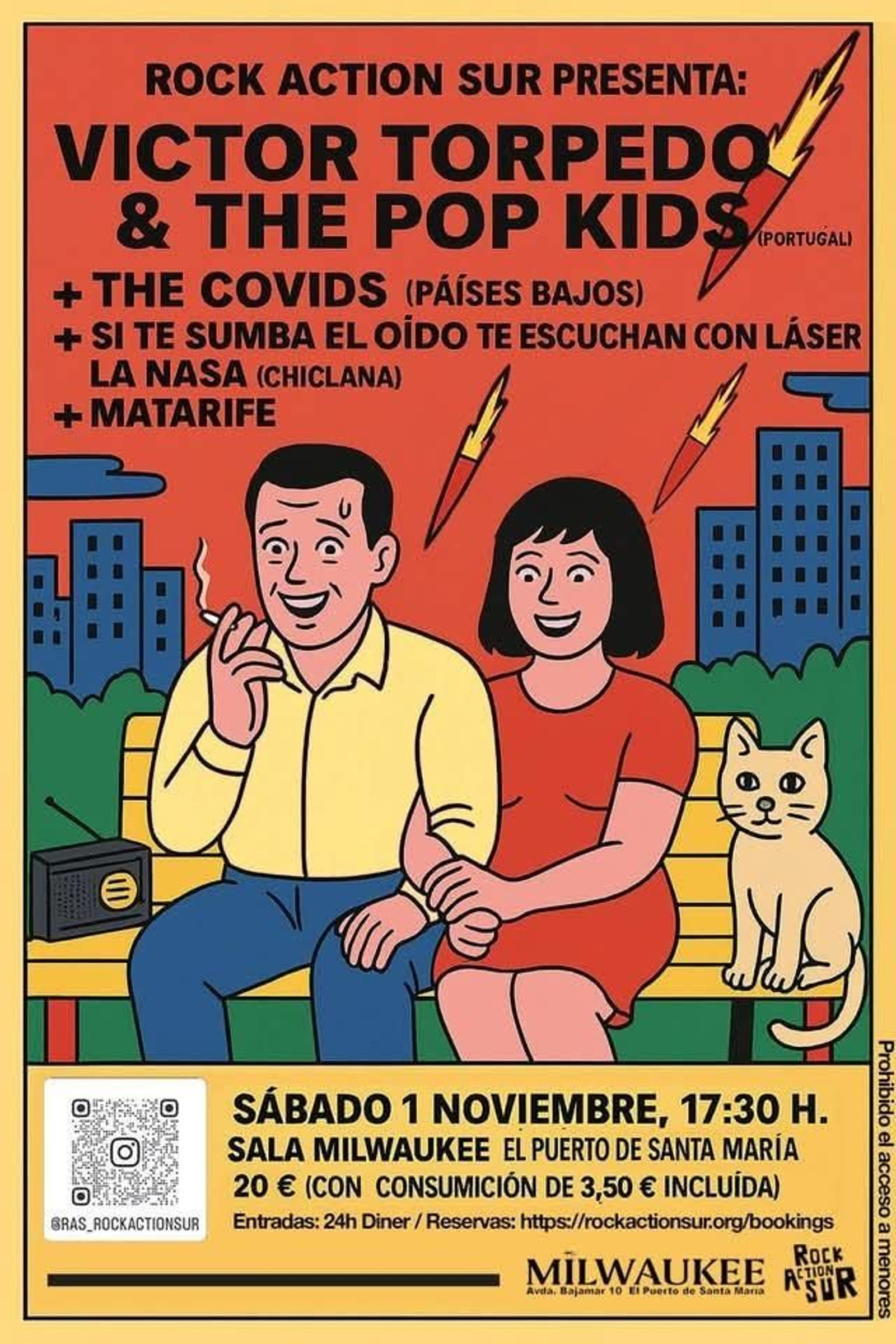 Cartel del concierto de Victor Torpedo & The Pop Kids, The Covids y Si te sumba el oído te escuchan con láser la NASA en la sala Milwaukke