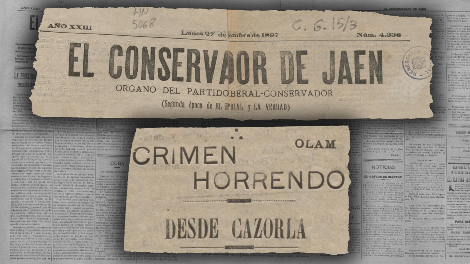 Recortes del periódico El Conservador de Jaén sobre el filicidio de Cazorla